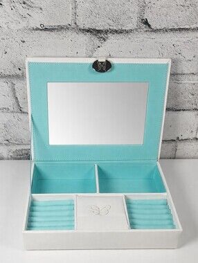 White Aqua Blue Jewelry Box Mirror Ring Organizer Butterfly Accent